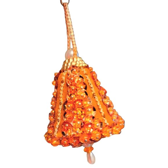Orange Beaded Bell Ornament With Gold Accents Push Pin Pearl Details Holiday Dec - Picture 6 of 10